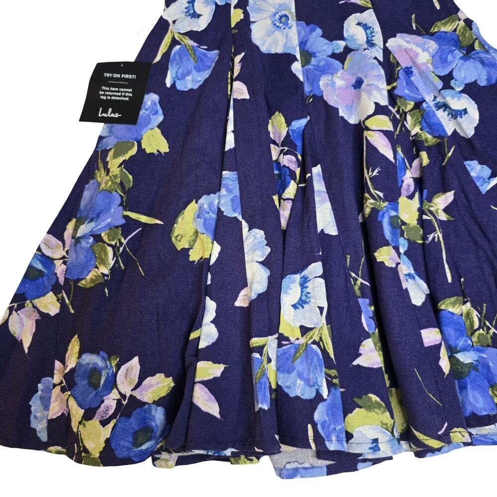 Lulus Mini Dress Womens XS Blue Floral Linen Blend Fit Flare Cottagecore NWT - Picture 11 of 16